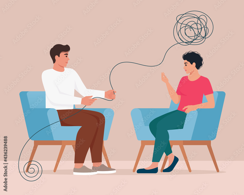 Psychotherapy, mental problem or depression treatment concept. Sad, unhappy woman talking with psychologist, he is helping she to cope with a stressful situation. Flat design vector illustration