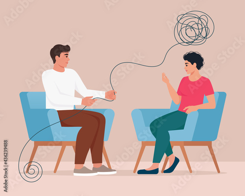 Psychotherapy, mental problem or depression treatment concept. Sad, unhappy woman talking with psychologist, he is helping she to cope with a stressful situation. Flat design vector illustration