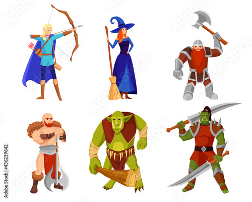 Fototapeta Naklejka Na Ścianę i Meble -  Cartoon monsters and warriors vector illustrations set. Elf with bow, heroes and orcs with weapons, witch with broom isolated on white background. Computer game, fantasy, fairytale concept