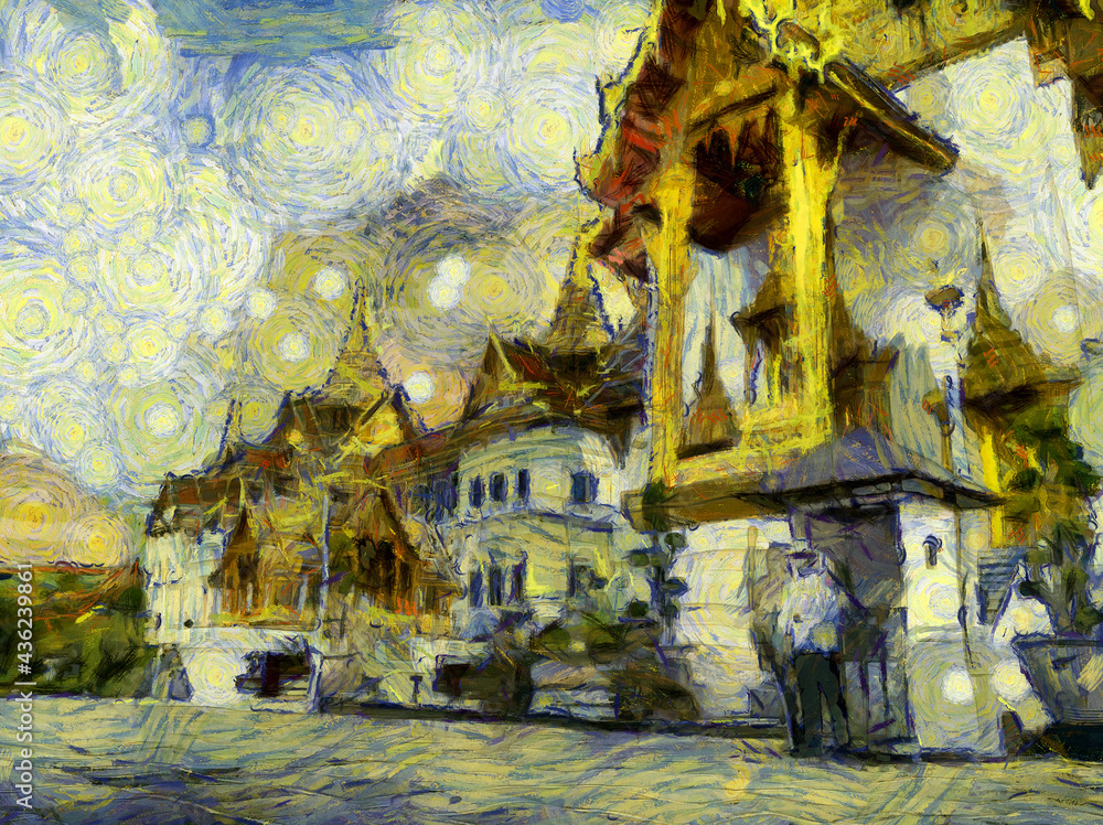 Fototapeta premium Grand Palace, Bangkok Illustrations creates an impressionist style of painting.