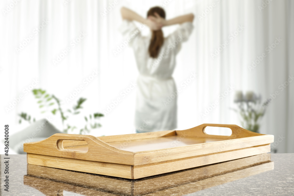 Table background of free space and woman with window Table background of free space and woman with window