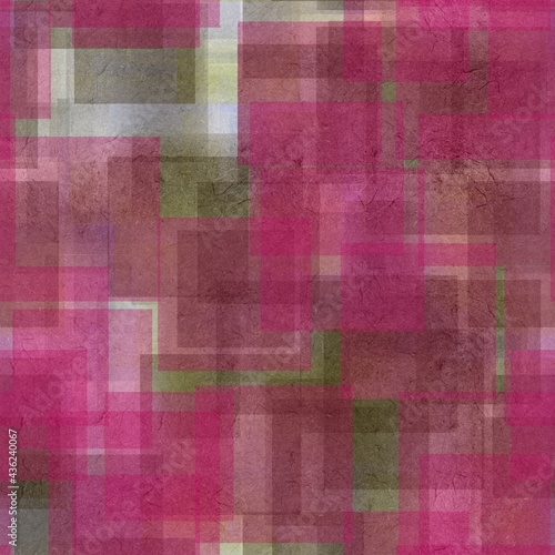 Seamless overlaid geometric shape pattern print. High quality illustration. Transparent rectangles filled with gradient colors scattered. Handmade paper texture overlay.