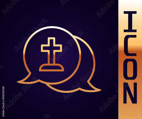 Gold line Man graves funeral sorrow icon isolated on black background. The emotion of grief, sadness, sorrow, death. Vector
