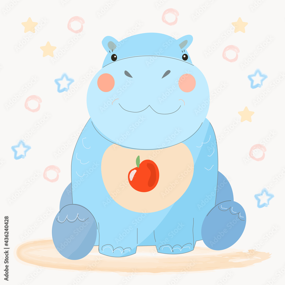 A blue hippopotamus sits in a collar with an apple. A blue hippopotamus sits in a collar with an apple.
