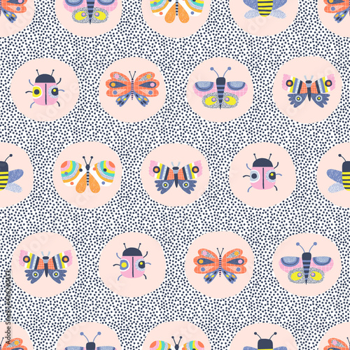 Decorative insect medallion vector seamless pattern. Whimsical Butterfly Ladybug Bee in roundel on dotty background. Scandinavian childish colourful summer print design.