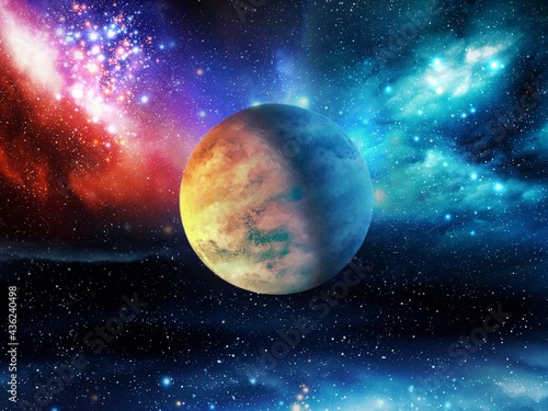 Earth-like exoplanet in deep space, beautiful alien planet. Colorful cosmos with nebula and stars. Beauty of the universe.