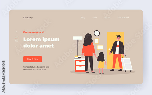 Mom and kid welcoming dad from trip. Happy father with luggage returning home to wife and daughter. Flat vector illustration. Family reunion concept for banner, website design or landing web page