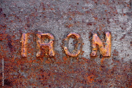 Corrosion rusted metal with iron stamped letters