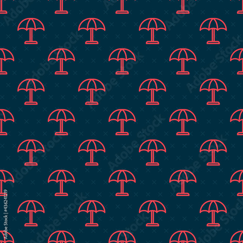 Red line Sun protective umbrella for beach icon isolated seamless pattern on black background. Large parasol for outdoor space. Beach umbrella. Vector
