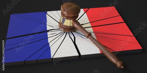 Broken block with flag of France and judge's gavel. Conceptual 3d rendering