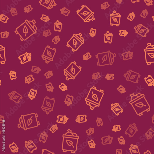Brown line Recycle bin with recycle symbol icon isolated seamless pattern on red background. Trash can icon. Garbage bin sign. Recycle basket. Vector