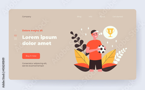 Happy cartoon young footballer thinking about prize. Flat vector illustration. Sportsman character holding ball, dreaming about winning championship, striving for victory. Goal, sport, dream concept
