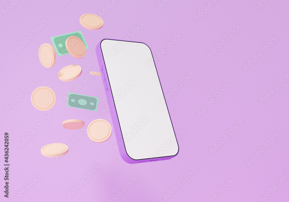 Online payments coin money floating on smartphone blank white screen transaction concept. payment Internet banking on Purple background cartoon style, 3D rendering Online payments coin money floating on smartphone blank white screen transaction concept. payment Internet banking on Purple background cartoon style, 3D rendering