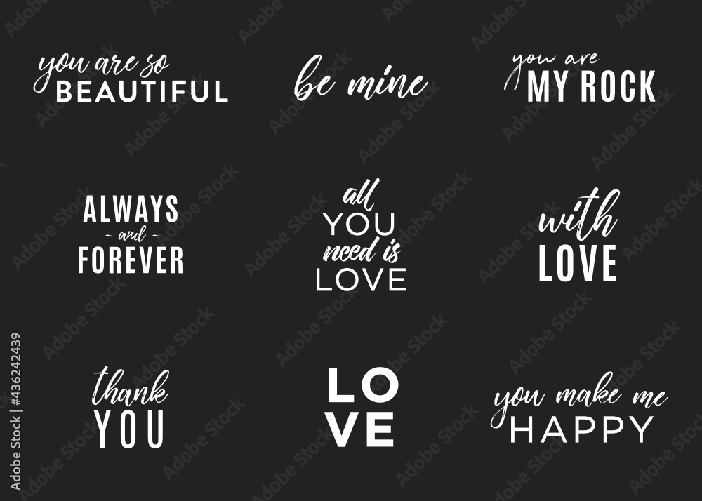 Naklejka premium Valentine's Day Text Set, Isolated Valentine's Text, Valentine's Background, Happy Valentine's Day, Love Text, Be Mine Text, XOXO, Love You, Greeting Card Vector Illustration Background