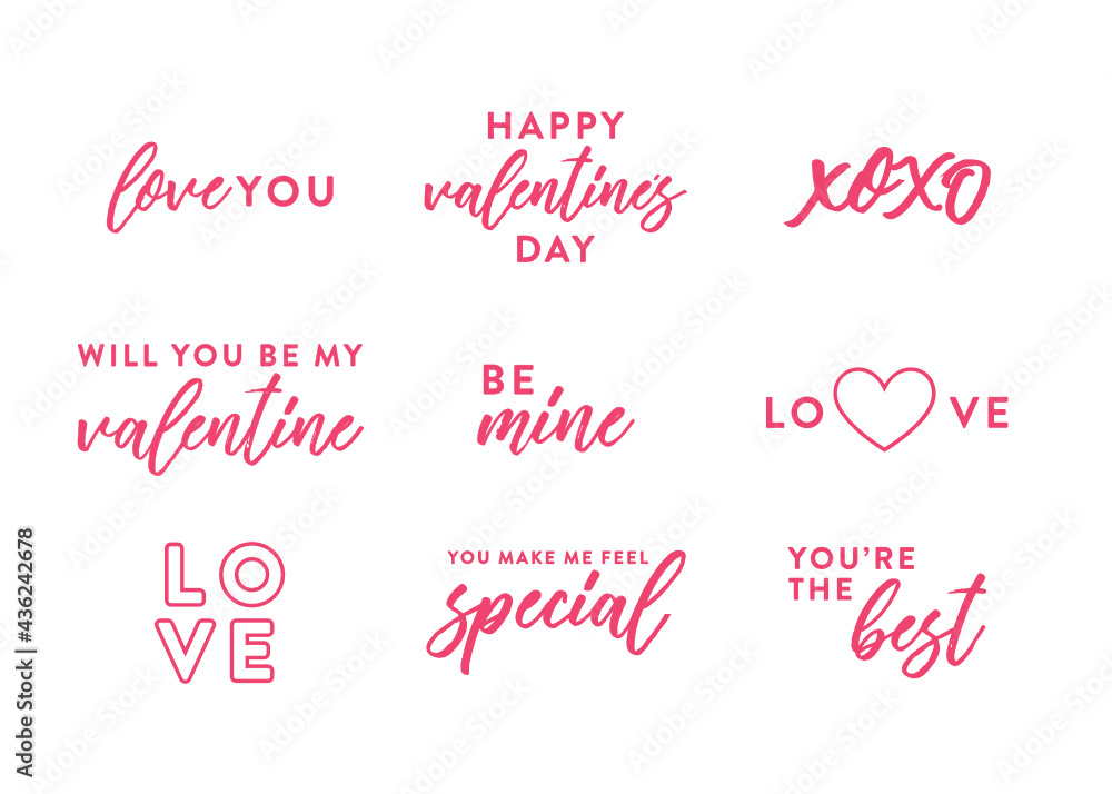 Valentine's Day Text Set, Isolated Valentine's Text, Valentine's Background, Happy Valentine's Day, Love Text, Be Mine Text, XOXO, Love You, Greeting Card Vector Illustration Background
