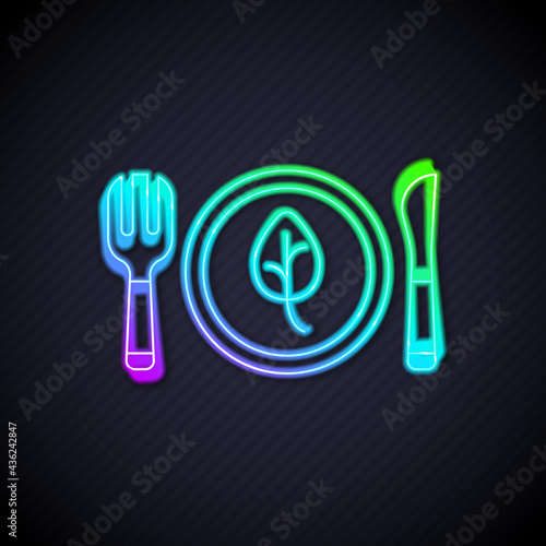Glowing neon line Vegan food diet icon isolated Glowing neon line background. Organic, bio, eco symbol. Vegan, no meat, lactose free, healthy, fresh and nonviolent food. Vector