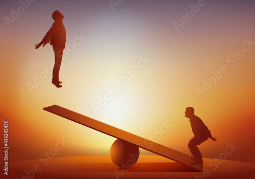 Concept du leadership et de l’ascension dans la hiérarchie d’une entreprise, avec un homme propulsé dans les airs à l’aide d’un tremplin.