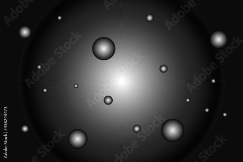 Space particles in the form of balls on a gradient background, black and white background