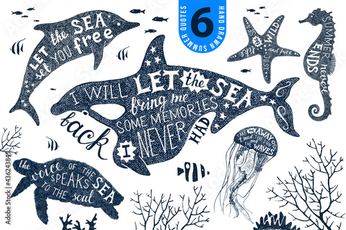 6 hand drawn summer designs with lettering in silhouettes