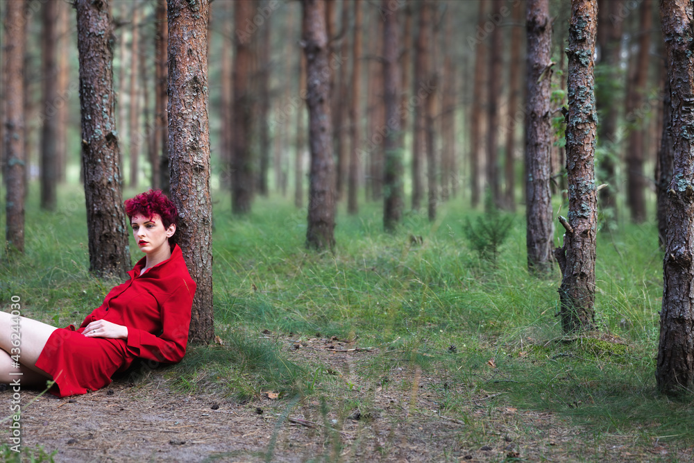Young woman in red dress posing in pine forest Young woman in red dress posing in pine forest