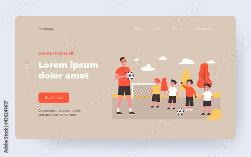 Cartoon coach training and teaching kids playing football. Flat vector illustration. Little smiling football players team and trainer playing field. Sport, football, children activity concept