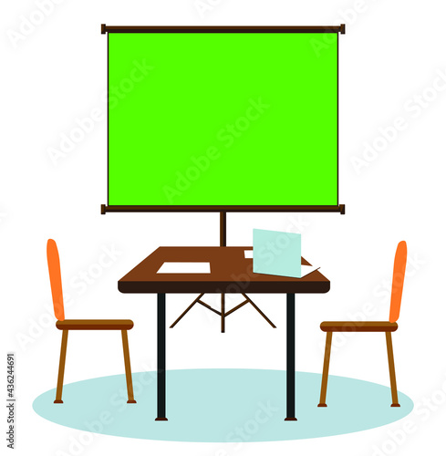 Modern office table with chairs vector illustration of a Business Meeting with . Projector screen green screen Chroma key Presentation screen.  Isometric corporate meeting green  Empty board  laptop