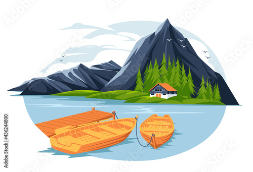 tourist rest house on the mountain lake island with boats and pirs. flat colorful landscape