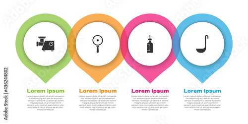 Set Kitchen meat grinder, Frying pan, Bottle of olive oil and ladle. Business infographic template. Vector