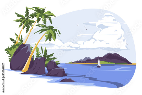 Tropical landscape with palm trees and sailing yacht on seaside under cloudy sky. Idyllic paradise, island in ocean, Flat colorful vector illustration