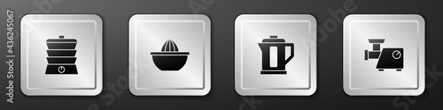 Set Slow cooker, Citrus fruit juicer, Electric kettle and Kitchen meat grinder icon. Silver square button. Vector