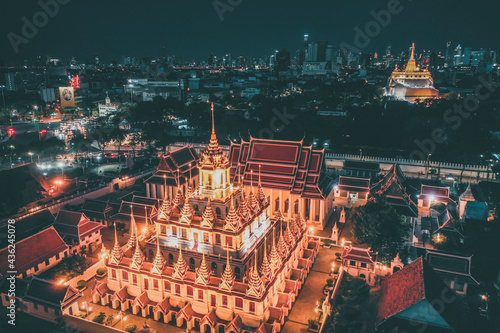 Photography Aerial view of Loha Prasat temple in Bangkok old town in Thailand