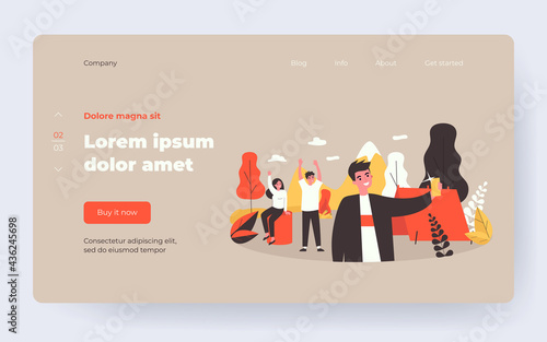 Happy young friends making selfie on nature together. Tent, smartphone, weekend flat illustration. Camping and digital technology concept for banner, website design or landing web page