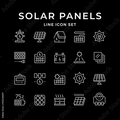 Set line icons of solar panels isolated on black