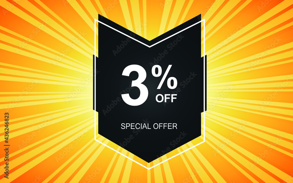 3% off. Yellow banner with three percent discount on a black balloon for mega offers.

