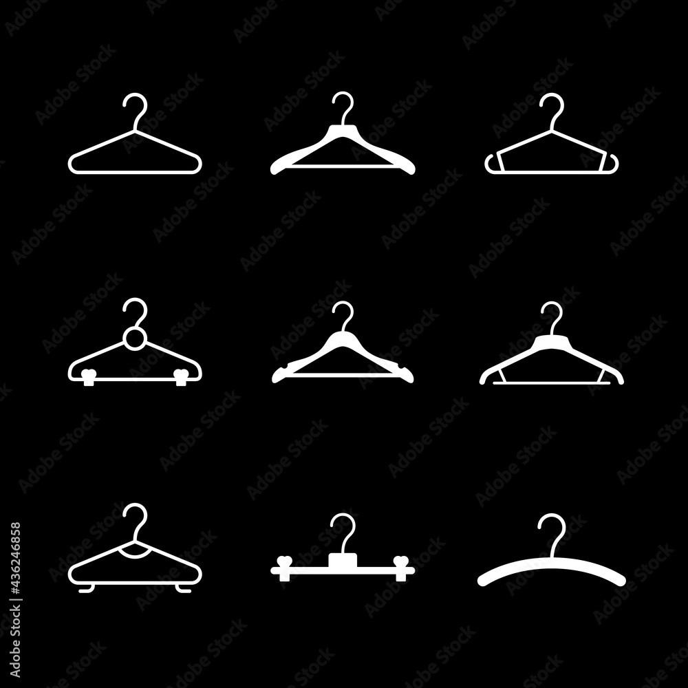 Set glyph icons of clothes hanger isolated on black Set glyph icons of clothes hanger isolated on black
