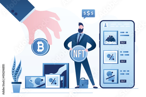 Male artist or art dealer sells artworks online. Buyer hand gives bitcoin. Technology of selling NFT tokens for cryptocurrency.