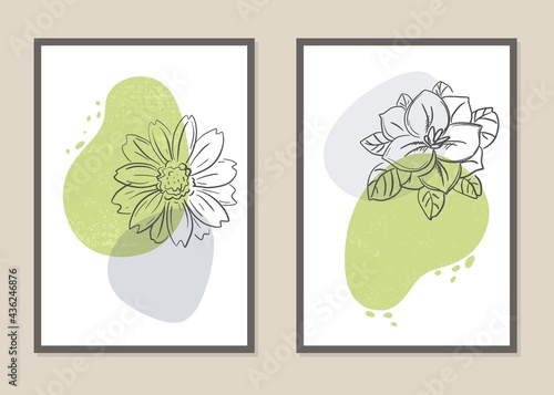 Botanical wall art vector set. Abstract pattern of flowers for collages, posters, covers, ideal for wall decoration. Vector. 