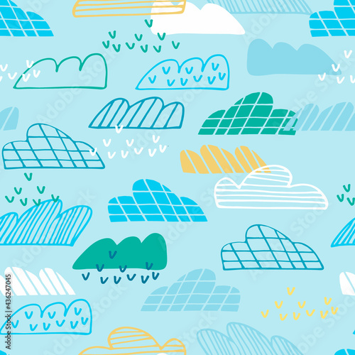 Seamless pattern with blue sky, geometric clouds, rain in cartoon style. Wallpaper, backgound for kids. Perfect for baby, toddler clothing, bed linen