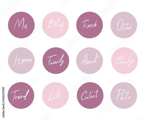 Vector set of round covers with words. Home, me, travel, other, beauty, life, contacts.