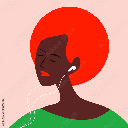 vector flat design illustration of a black girl with headphones in her ears listening to a podcast, audio book or online music. useful for advertising music channels, podcasts, online music services