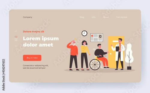 Patients standing in queue in hospital hall. Doctor, clinic, visit flat vector illustration. Medicine and treatment concept for banner, website design or landing web page