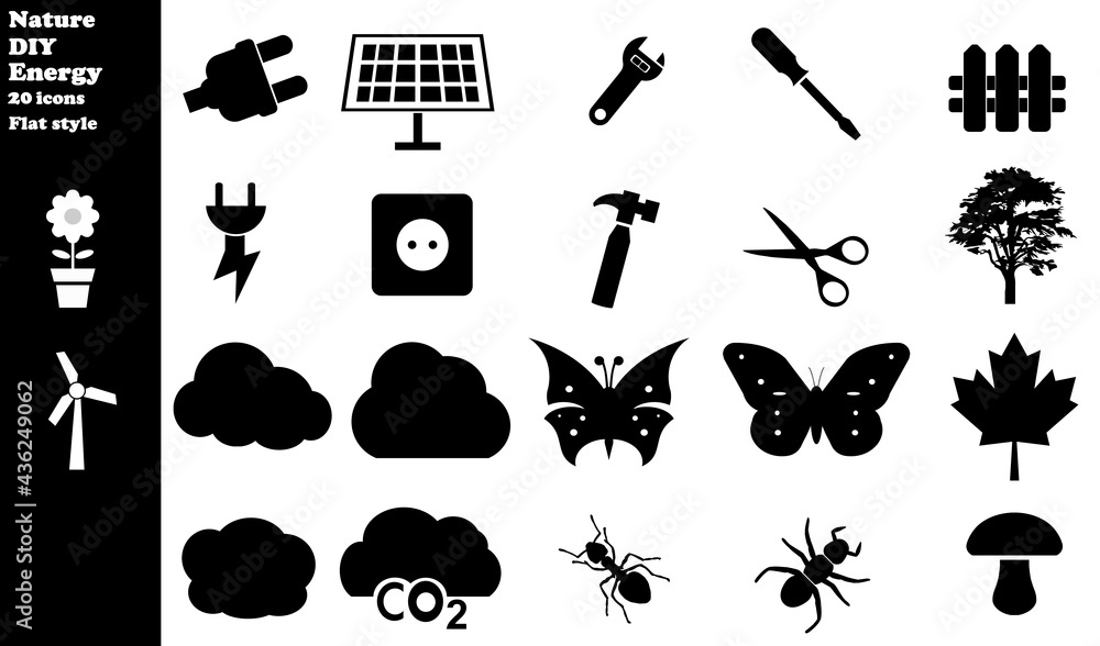 Fototapeta premium Nature, bricolage et énergie en 20 icônes, collection