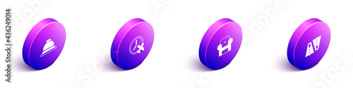Set Isometric Hotel service bell, Clock with airplane, Armchair and Rubber flippers for swimming icon. Vector