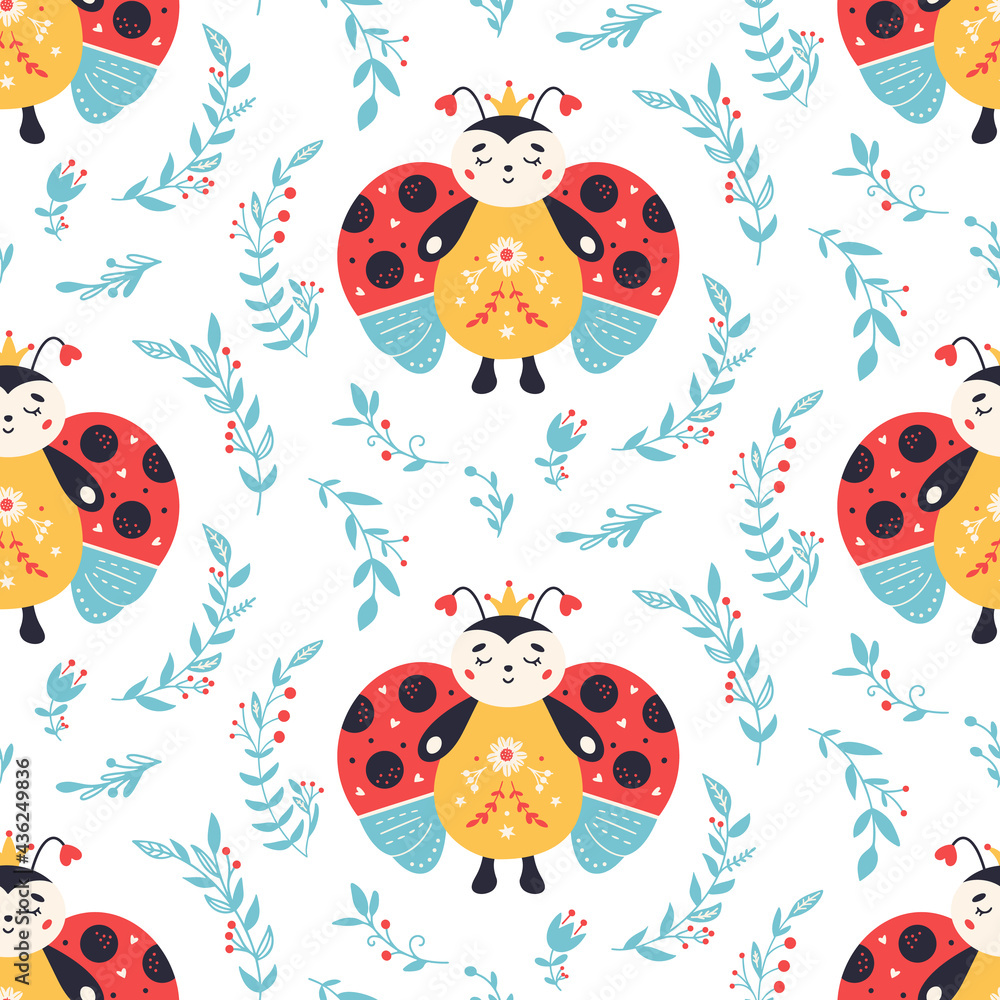 Ladybugs Seamless pattern Ladybird and flowers background Ladybugs Seamless pattern Ladybird and flowers background