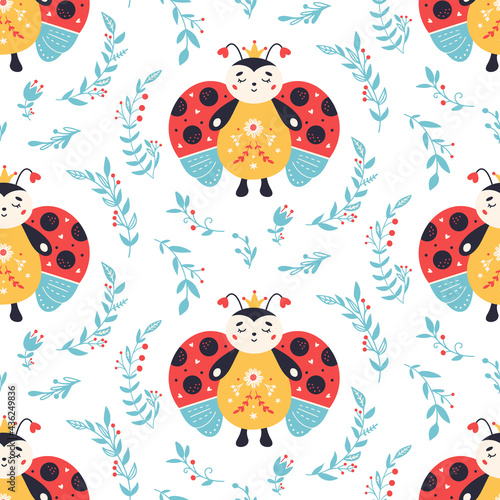 Ladybugs Seamless pattern Ladybird and flowers background