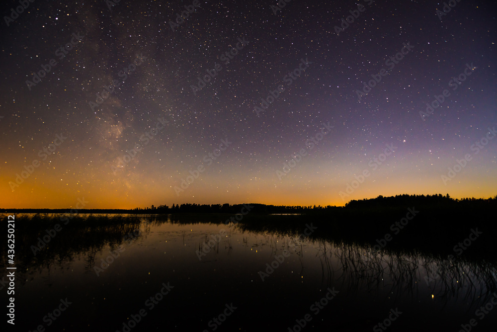Stars and the Milky Way in the sky over the lake