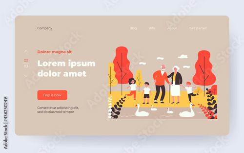 Happy grandparents and kids walking in park together. Lake, swan, grandchild flat vector illustration. Family and outdoor activity concept for banner, website design or landing web page