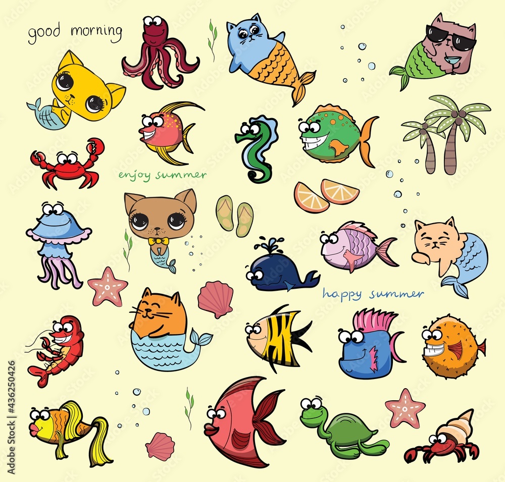 Obraz premium Cute cat mermaids, vector doodle illustration for kids