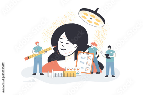 Tiny surgeons examining face of client. Cosmetic procedure, medical persons with checklist, pills, syringe, lamp flat vector illustration. Plastic surgery, beauty concept for banner, website design