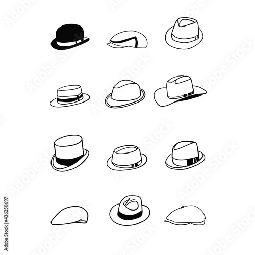 Set of men's hats, black line white background